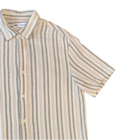Zara Men's Casual Striped Shirt - Cream and Blue - Picture 6 of 6
